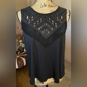 Express Black Fringe tank with diamond cut out pattern Size L PTP 18” EUC